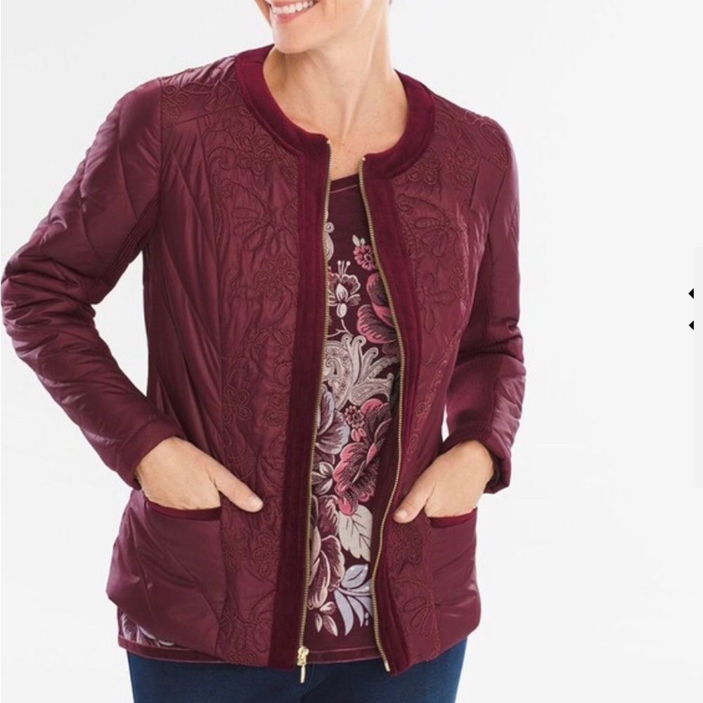 Zenergy Women Velvet-trim jacket size 2 by Chicos New red/burgundy